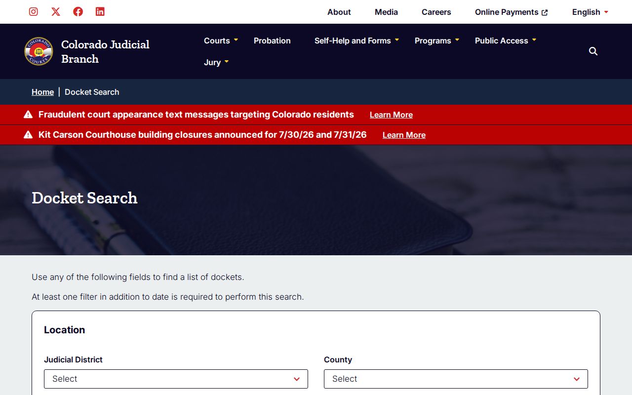 Kiowa County court dockets search on the Colorado Judicial Branch docket page